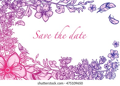 Tropical Floral Frame. Greeting card, spa flyer or wedding invitation design template. Horisontal orientation. EPS10 vector illustration.
