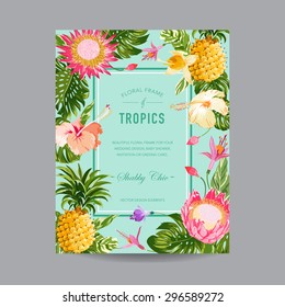 Tropical Floral Frame - For Invitation, Wedding, Baby Shower Card - In Vector 