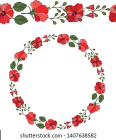 Tropical floral frame with pink and red hibiscus flowers. Hand drawn vector background.