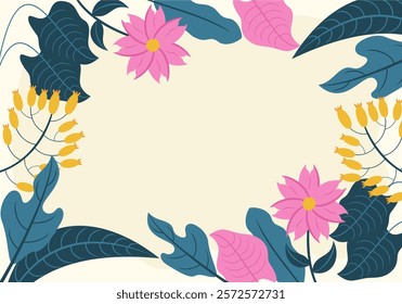 Tropical Floral Frame Spring banner with multicolour leaves