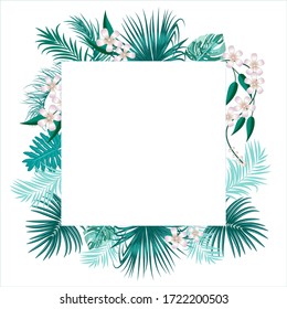 Tropical floral frame template, border of jungle palm leaves and flowers for postcard, wedding invitation, social networks, greeting card with place for text, vector background