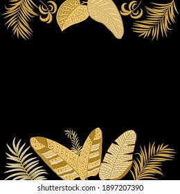 Plantilla de marco floral tropical, borde de hojas de palma de jungla y flores para postales, invitación de boda, redes sociales, tarjeta de saludo con lugar para texto, fondo vectorial