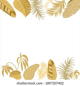 Tropical floral frame template, border of jungle palm leaves and flowers for postcard, wedding invitation, social networks, greeting card with place for text, vector background