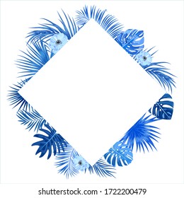 Tropical floral frame template, classic blue border of jungle palm leaves and flowers for postcard, wedding invitation, social networks, greeting card with place for text, vector background