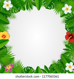 Tropical floral frame template. Vector paper cut decorative square summer frame with beautiful exotic tropical flowers, palm leaves.