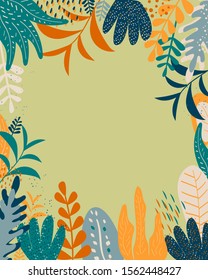 Tropical floral frame, vector. Colorful floral background with tropical leaves