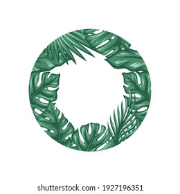 Tropical floral frames, round shape, palm fans, monstera leaves. Blank place for text. Botanical illustration. -vector