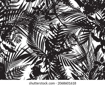 Tropical floral garden with full of  leaves, flat silhouette of exotic flowers, palm, banana leaf in black and white