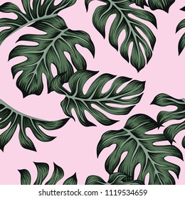 Tropical floral green monstera palm leaves seamless pattern pink background. Exotic jungle wallpaper.