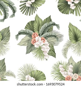 Tropical floral green palm leaves, banana leaves, white orchid, pink rose flower seamless pattern white background. Exotic jungle wallpaper.