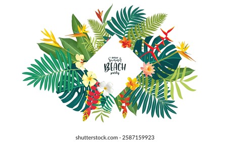 Tropical floral greeting card, Hawaiian vibe. Vibrant summer design, hibiscus, plumeria, lush jungle. Watercolor illustration, greenery frame. Modern template, beach weddings, vacation parties