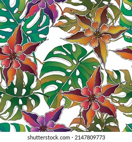 Tropical floral hand drawn hibiscus flower monstera leaves seamless patternwith transparent background. Exotic trendy jungle surface background.