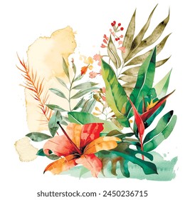 Composición de patrón dibujado a mano tropical floral con flores de acuarela de colores, hojas, manchas, manchas. Vector pintado hermoso fondo. Patrón aislado de plantas tropicales sobre fondo blanco.