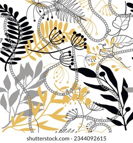 Tropical floral hand drawn seamless pattern with chains flowers leaves branches. Vector ornamental drawing background. Beautiful line art doodle flowers, branches ornaments. Isolated design on white.