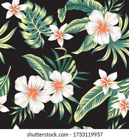 Tropical Floral Hawaiian Palm Leaves, Hibiscus Flower Seamless Pattern Black Background. Exotic Jungle Wallpaper.