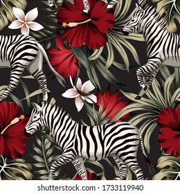 Tropical floral hawaiian palm leaves, hibiscus flower, zebra animal seamless pattern black background. Exotic jungle wallpaper.
