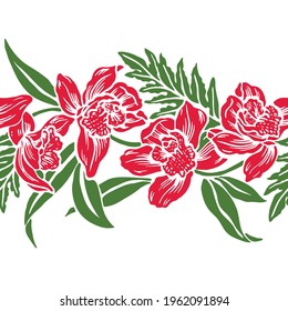 Tropical floral Hawaiian pattern design with repeat with Lily flowers and fern leaves.