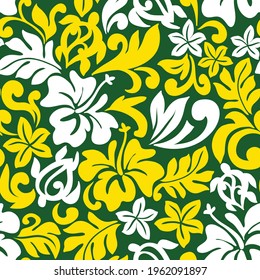 Tropical floral Hawaiian pattern design with repeat. Hibiscus vintage pareo style.