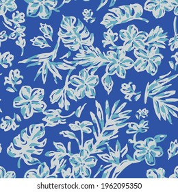 Tropical floral Hawaiian pattern with repeat. Pareo vintage style with hibiscus and monstera.