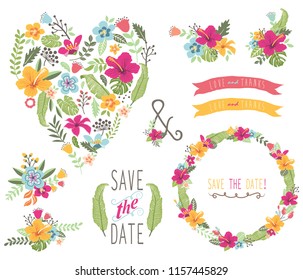 Tropical Floral Heart shape Elements
