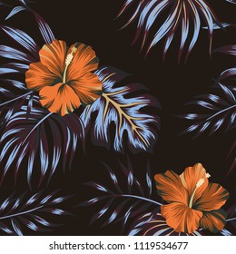 Tropical  floral hibiscus flower dark palm leaves seamless pattern black background. Exotic jungle dark wallpaper.