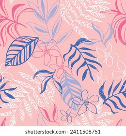 Tropical floral hibiscus and leaf print. Seamless vector pattern for fashion teen, girls, stationary and swimwear. Hand drawn summer and spring pattern in bright colours. Pinks, Blues and Creams