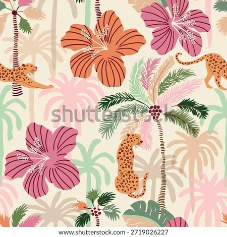 Tropical floral jungle seamless pattern with palms, leopard, coral hibiscus flowers. Hand drawn jungle plants, Hawaii summer beach vector surface design, wallpapers, textile, repeat background, print.