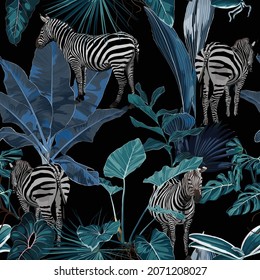 Tropical floral leaves, blue palm banana plant and leaves, zebra wildlife animal floral seamless pattern on black background. Exotic safari  wallpaper.