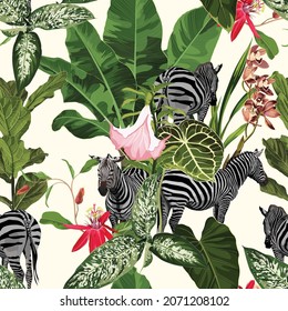 Tropical floral leaves, exotic flowers, palm banana plant and leaves, zebra wildlife animal floral seamless pattern on light background. Exotic safari  wallpaper.