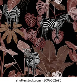 Tropical floral leaves, palm banana tree, zebra wildlife animal floral seamless pattern on black background. Exotic safari browm wallpaper.
