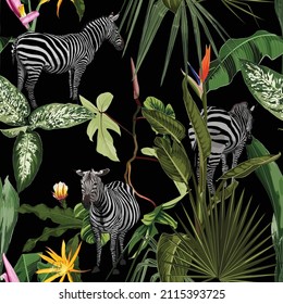 Tropical floral leaves, palm banana tree and fan palm, zebra wildlife animal floral seamless pattern on black background. Exotic safari  wallpaper.