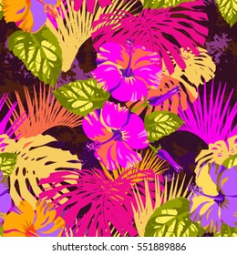 Tropical floral leaves seamless with blossom flowers hibiscus pattern. Vector exotic deep jungle plants backgrounds.