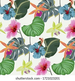 Tropical floral and leaves seamless pattern background with exotic Hibiscus