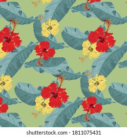 Tropical floral and leaves seamless pattern background with exotic Hibiscus and bannana leaves