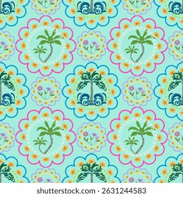 Tropical Floral Mandala Pattern. Bright Palm Tree Seamless Design. Tropical exotic flowers seamless pattern. Damask Palm tree and wave. Design for fabric, tile, carpet, embroidery, wrapping, wallpaper