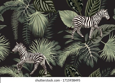 Tropical floral palm leaves, zebra animal seamless pattern black background. Exotic jungle wallpaper.