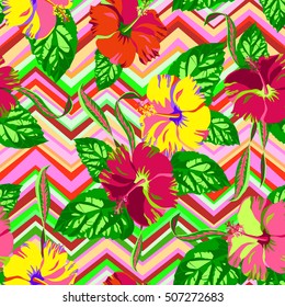 Tropical floral pattern blossom exotic flowers vector drawing illustration on a zigzag background. Colorful vector flowers red and yellow color.