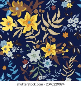 Tropical floral pattern. Colorful graphic floral vector seamless pattern on blue background. Stylized hand-painted garden lily and exotic flower texture. Fashionable foliage print. Vector