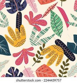 Tropical Floral Pattern with Colorful Leaves and Branches in Cute Scandinavian Style. Seamless Botanical Background. Palm Leaves Paper or Textile Print, Wallpaper Ornament. Cartoon Vector Illustration
