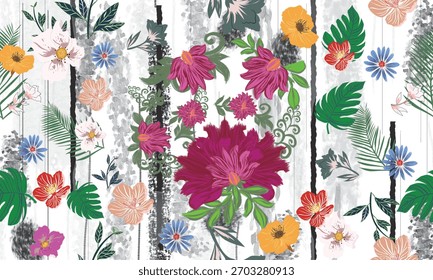 Patrón floral tropical que combina flores dibujadas a mano y acentos de acuarela para proyectos creativos