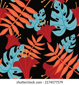 Tropical floral pattern design with monstera leaf and flowers illustration vector eps 10