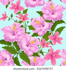 a tropical floral pattern featuring pink hibiscus flowers and green leaves on a light blue background, evoking a fresh and exotic summer vibe. Flower Vector seamless pattern. Flowers pattern. Floral