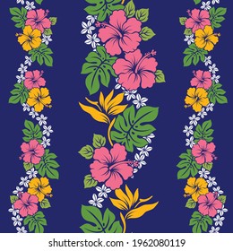 Tropical floral pattern with Hawaiian hibiscus and bird of paradise lei in repeat pattern.