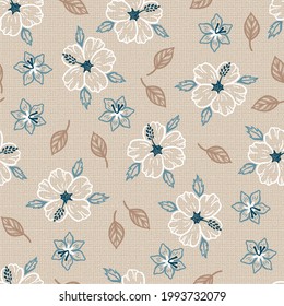 Tropical Floral pattern. Hibiscus Flowers and Leaves Seamless Pattern. Background with Imitation Linen Burlap Texture. Brown, White, Blue Colors.