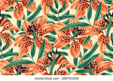 A tropical floral pattern with large tiger lily buds and lush foliage. Seamless pattern with exotic flowers and leaves. A dense flower arrangement on a white background. Vector illustration.