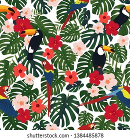 Tropical floral pattern with parrots and toucans, exotic vector wallpaper. Fashionable textile print.