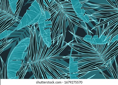 Tropical floral pattern. Seamless texture with banana leaves and palm tree leaf.  
Banner for the travel and tourism industry, summer print. Dark blue design element.