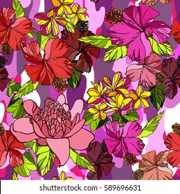 Tropical floral pattern vector flowers exotic plants and flowers blossom hibiscus and green leaves foliage. Vector hand drawn illustration on a camouflage colorful background.