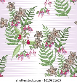Tropical floral pattern with white background. Seamless vector drawing of exotic plants.