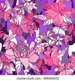 Tropical floral pink serenity pattern exotic flowers and plants blossom hibiscus and leaves foliage. Vector hand drawn illustration on a camouflage colorful background.